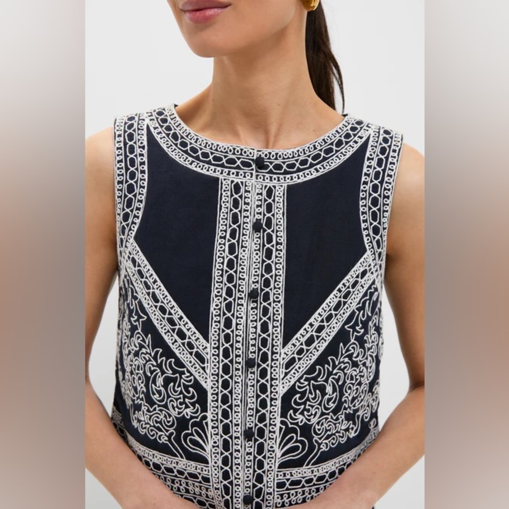 Tuckernuck Navy Blue Tank with White Embroidered Trim - Picture 2 of 10